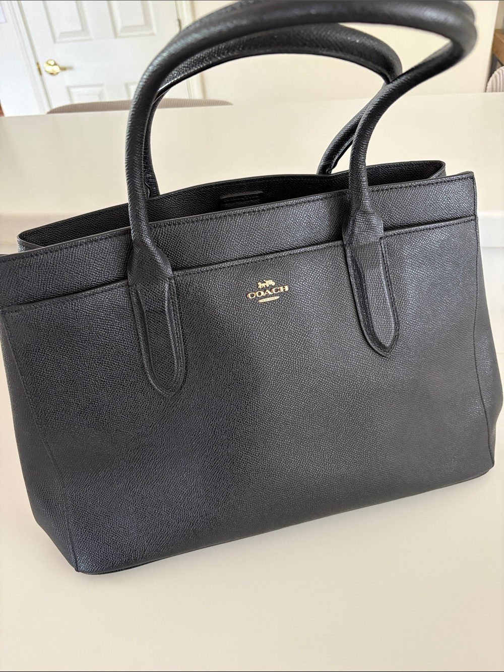 Coach Black Leather Saffiano Tote with Gold Logo Accent
